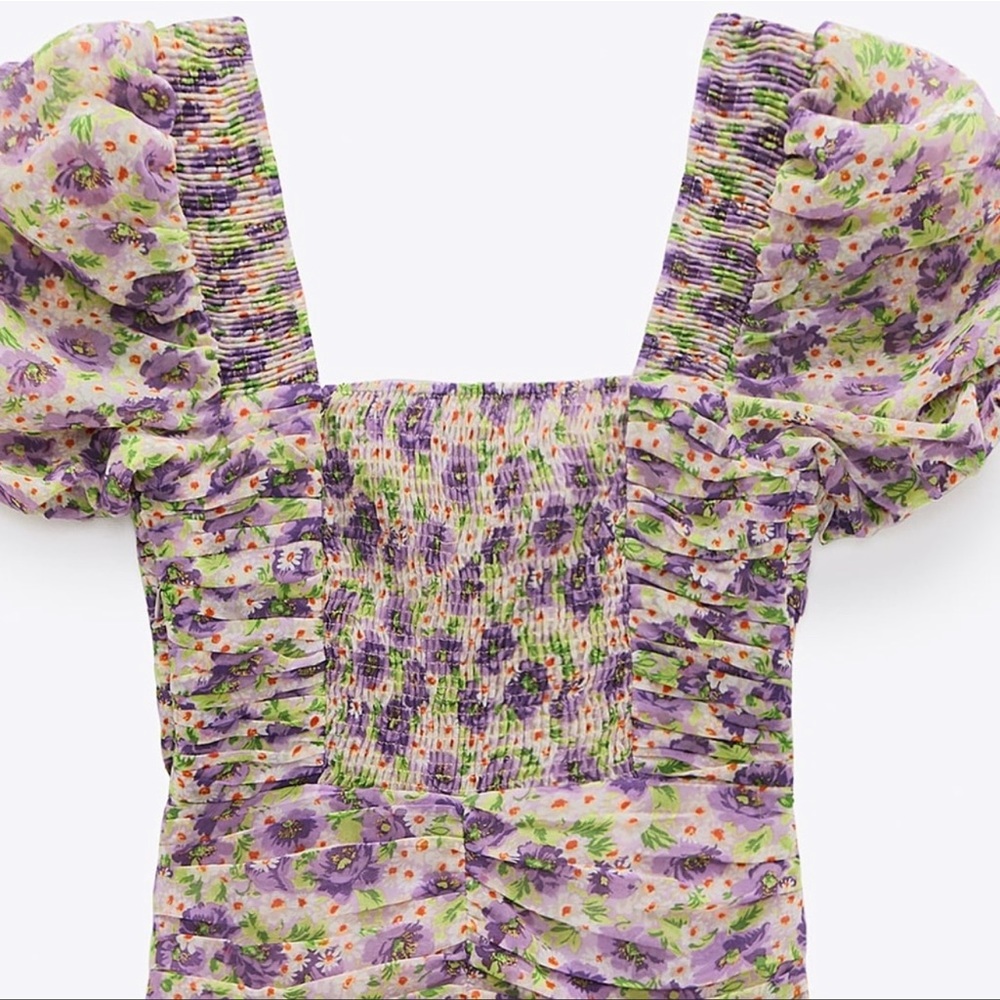 🥰🥰ZARA Floral Ruched Puff Sleeves Mini Dress🥰🥰 - Picture 3 of 16